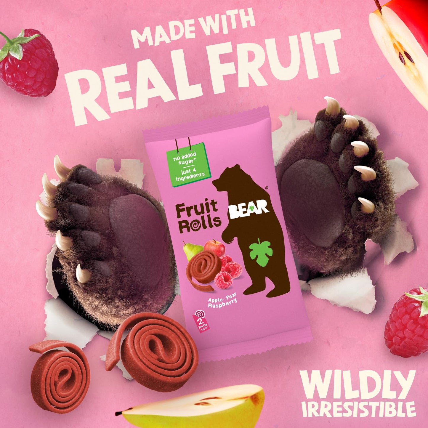 BEAR Real Fruit Snack Rolls - Gluten Free, Vegan, and Non-GMO - Raspberry - 36 Rolls, Healthy School And Lunch Snacks For Kids A