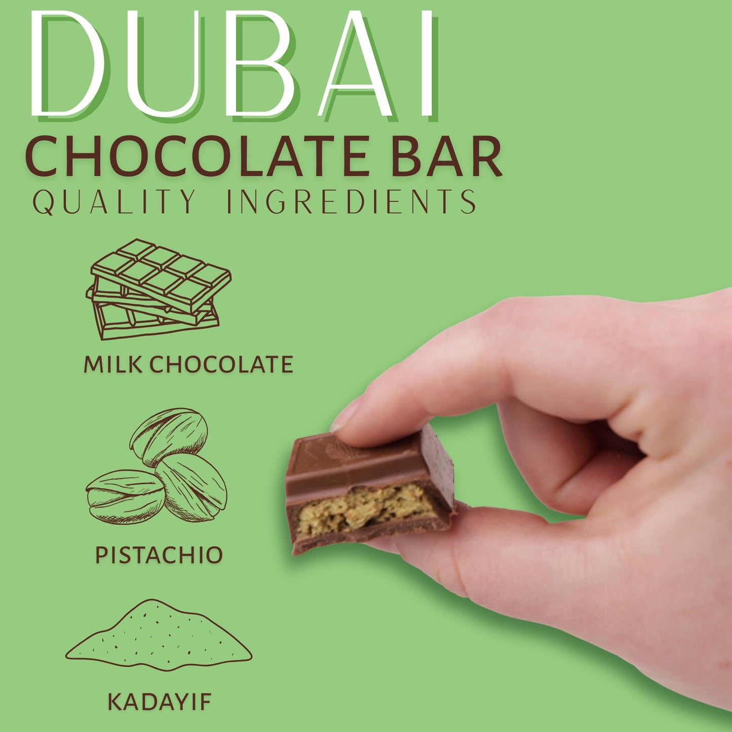 Dubai Chocolate Bar, Milk Chocolate With Pistachio And Kadayif Filling, Gourmet Candy Gift, 2.47 Ounces