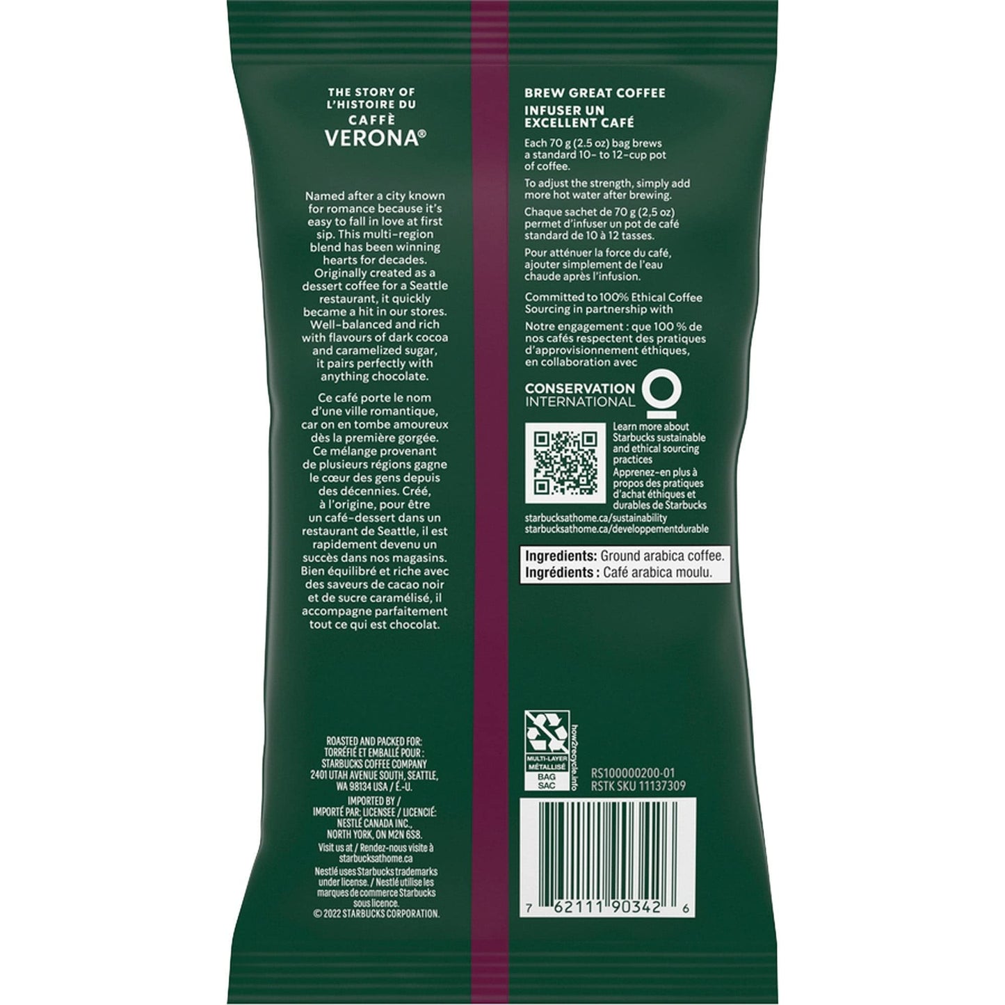 Starbucks Caffe Verona Ground Coffee, 2.5 Oz., Box Of 18