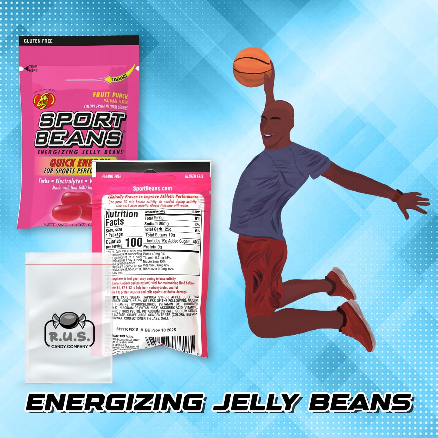 Jelly Belly Sport Beans- Energizing Jelly Beans - 24 Pack-Includes Rus Candy Company Travel Size Pocket Bag (Fruit Punch)