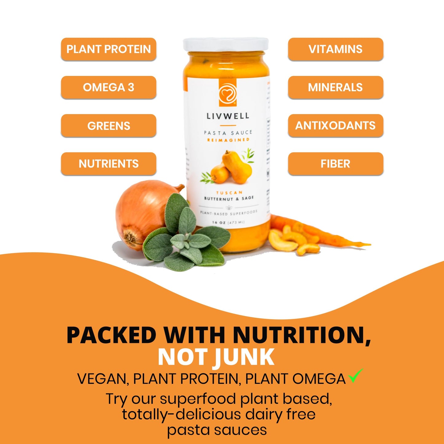 LIVWELL Tuscan Butternut Squash Pasta Sauce - Pack of 6 Plant Based Tuscan Sweet Butternut Squash & Sage Dairy Free Pasta Sauce
