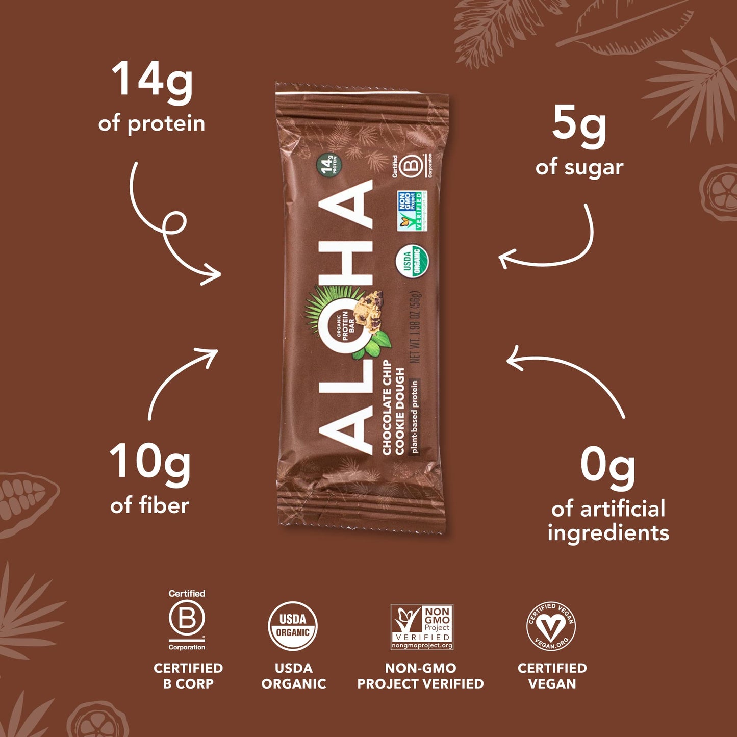 ALOHA Organic Plant Based Protein Bars - Chocolate Chip Cookie Dough - 12 Count, 1.9oz Bars - Vegan Snacks, Low Sugar, Gluten-Fr