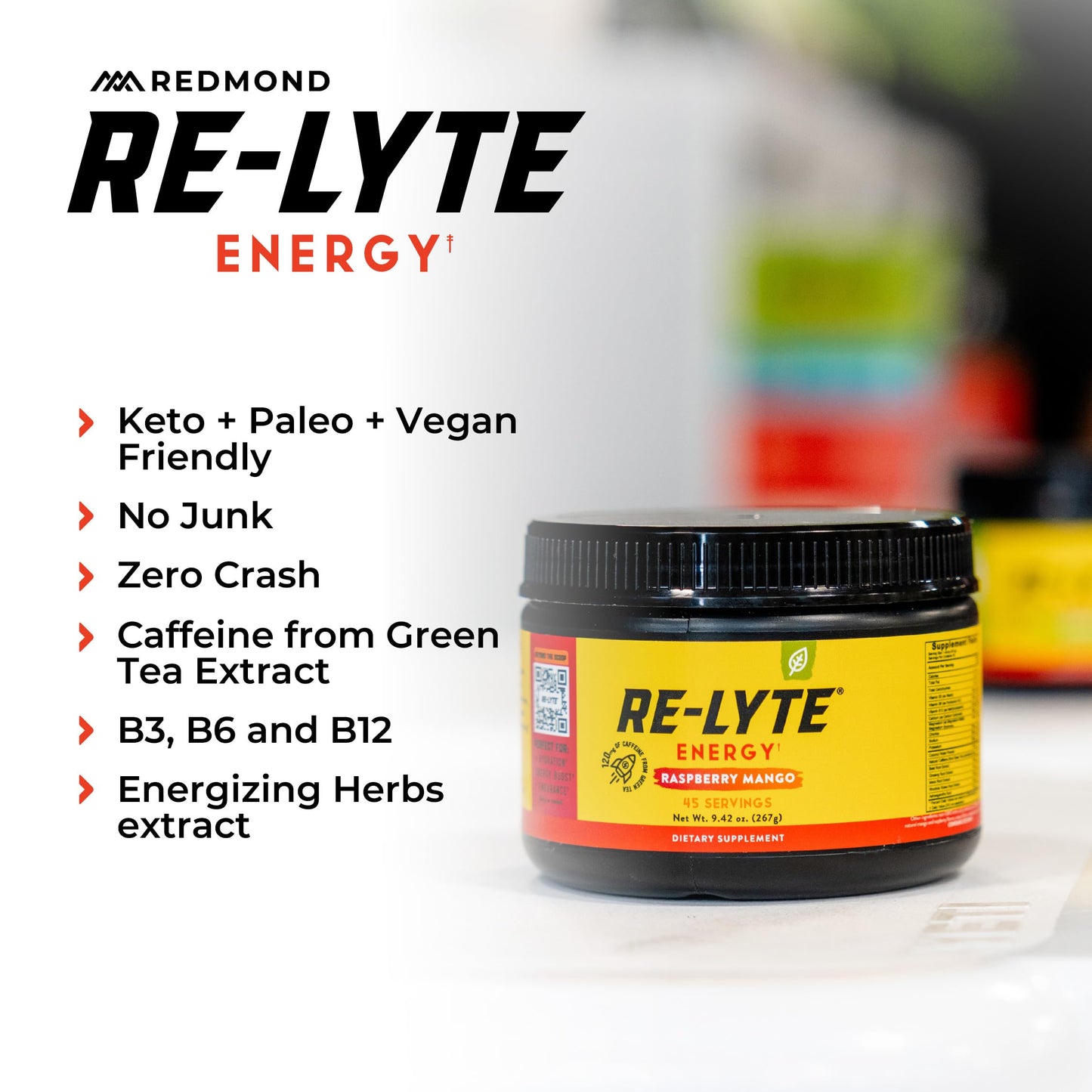 REDMOND Re-Lyte Energy Electrolyte Mix  Raspberry Mango  8.6oz Jar