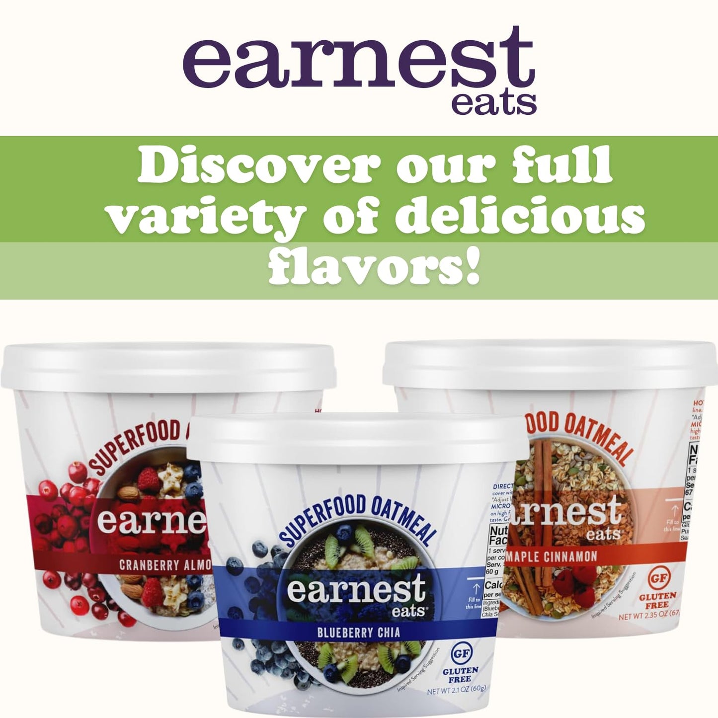 Earnest Eats Superfood Oatmeal Cups, Cranberry Almond Flax, 7g Protein, Gluten Free, Vegan, 2.1 Ounces Each, Pack of 12