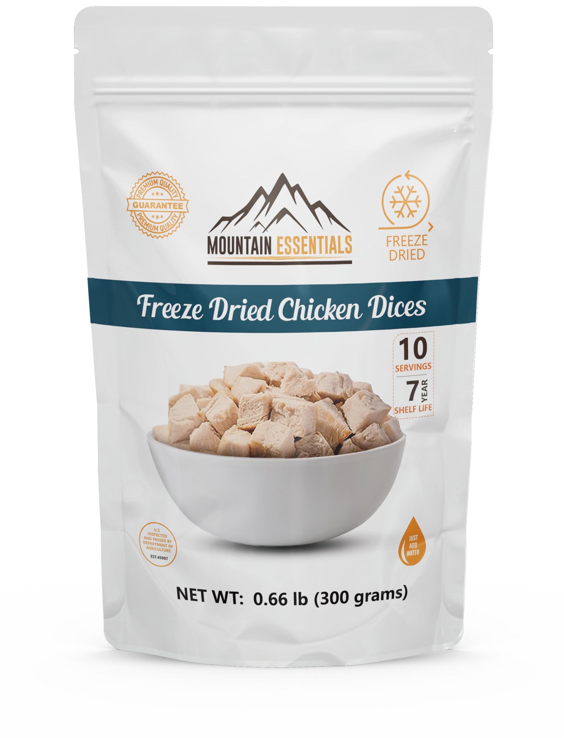 Mountain Essentials Freeze-Dried Diced Chicken – Fully Cooked And Ready To Eat | Everyday Pantry Staple For Meal Prep, Camping & Emergency Survival | Enhanced Quality Meat | 10 Servings Per Pouch | Made In Usa | 7-Year Shelf Life | Pack Of 1