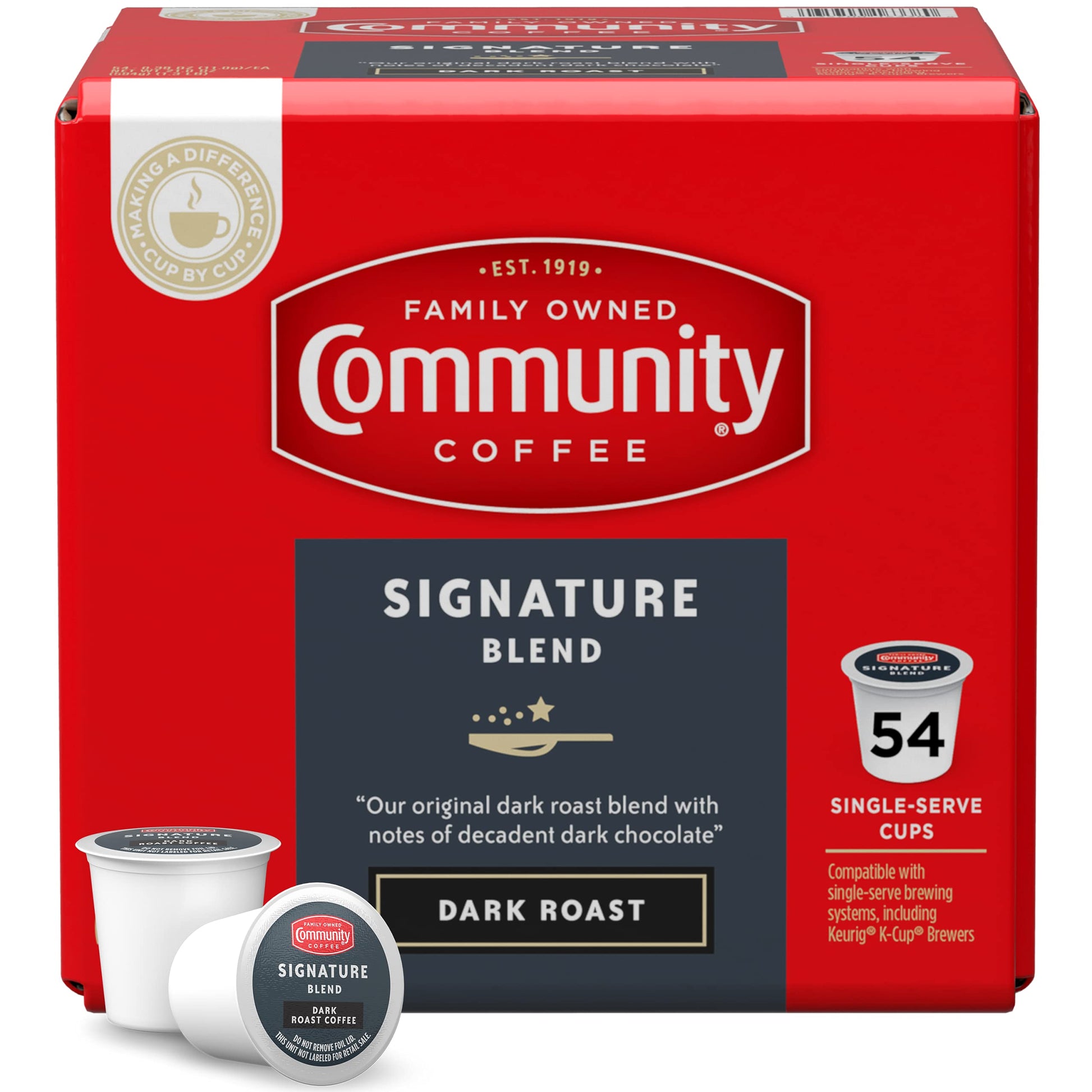 Community Coffee Dark Roast Coffee Pods, Compatible with Keurig 2.0, 54 Count, Red