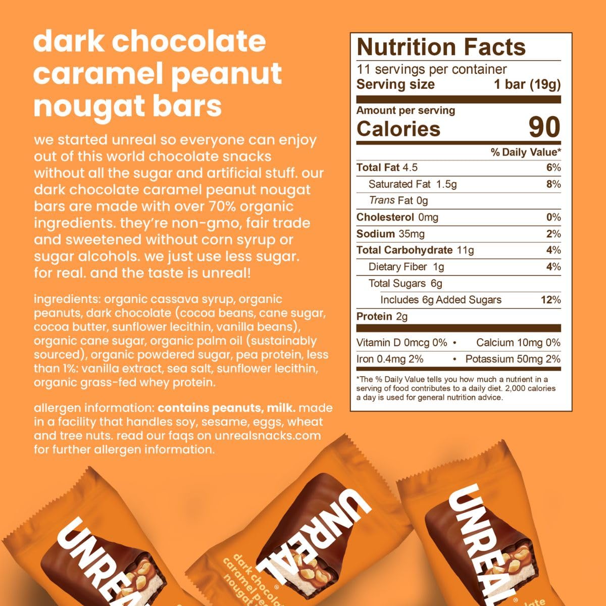 UNREAL Dark Chocolate Caramel Peanut Nougat Bars (1 Bag)  70% Organic Ingredients  Fair Trade  Non-GMO  No Corn Syrup  Sugar fermented-style flavors  Soy  209grams