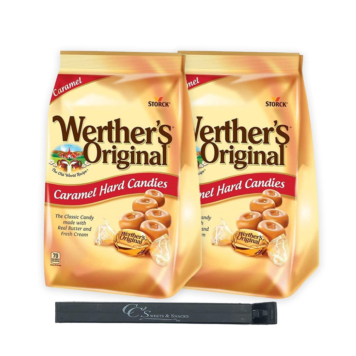 Werthers Original Hard Caramel Candy 39.75oz (2pk) Bulk Bag Individually Wrapped w/CC Sweets & Snacks Bag Clip