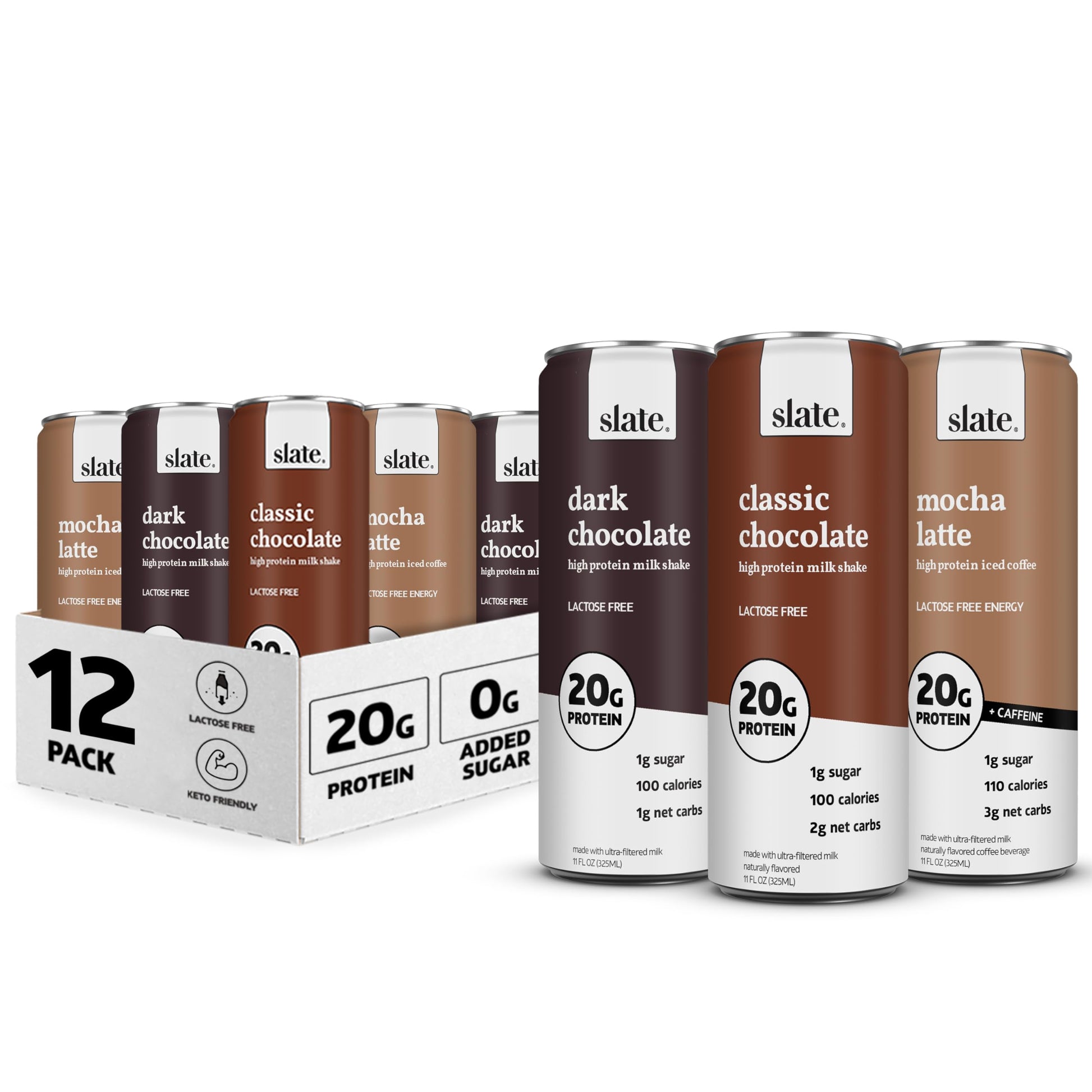 Slate High Protein Shake Variety Pack, Classic Chocolate, Dark Chocolate, Mocha Latte, 20g Protein, 11 oz (Pack of 12)
