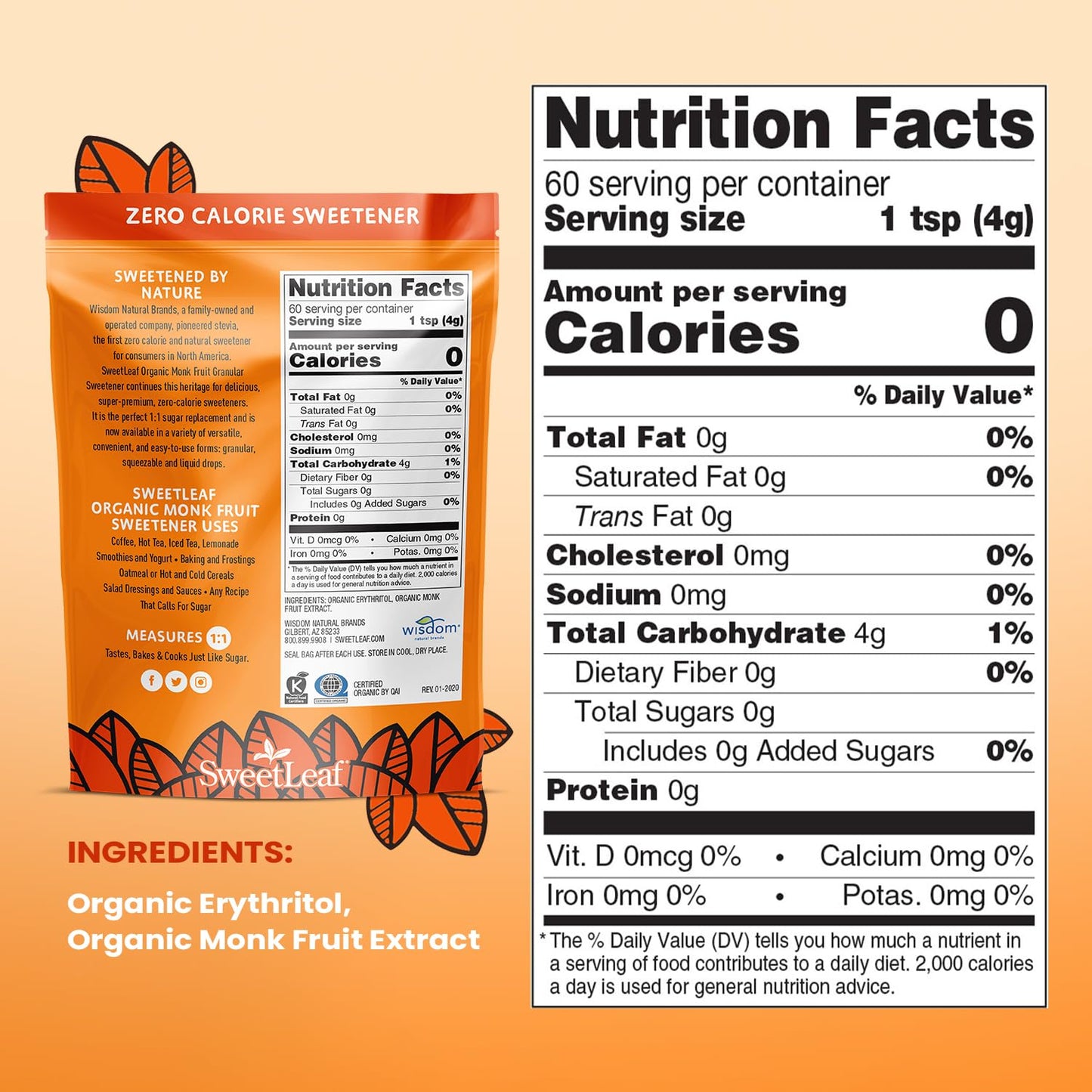 SweetLeaf Organic Monk Fruit Sweetener - Keto Friendly, Zero Calorie, Sugar Free, Granular, 8.47 Oz Bag, Non-GMO, Perfect for Coffee & Baking