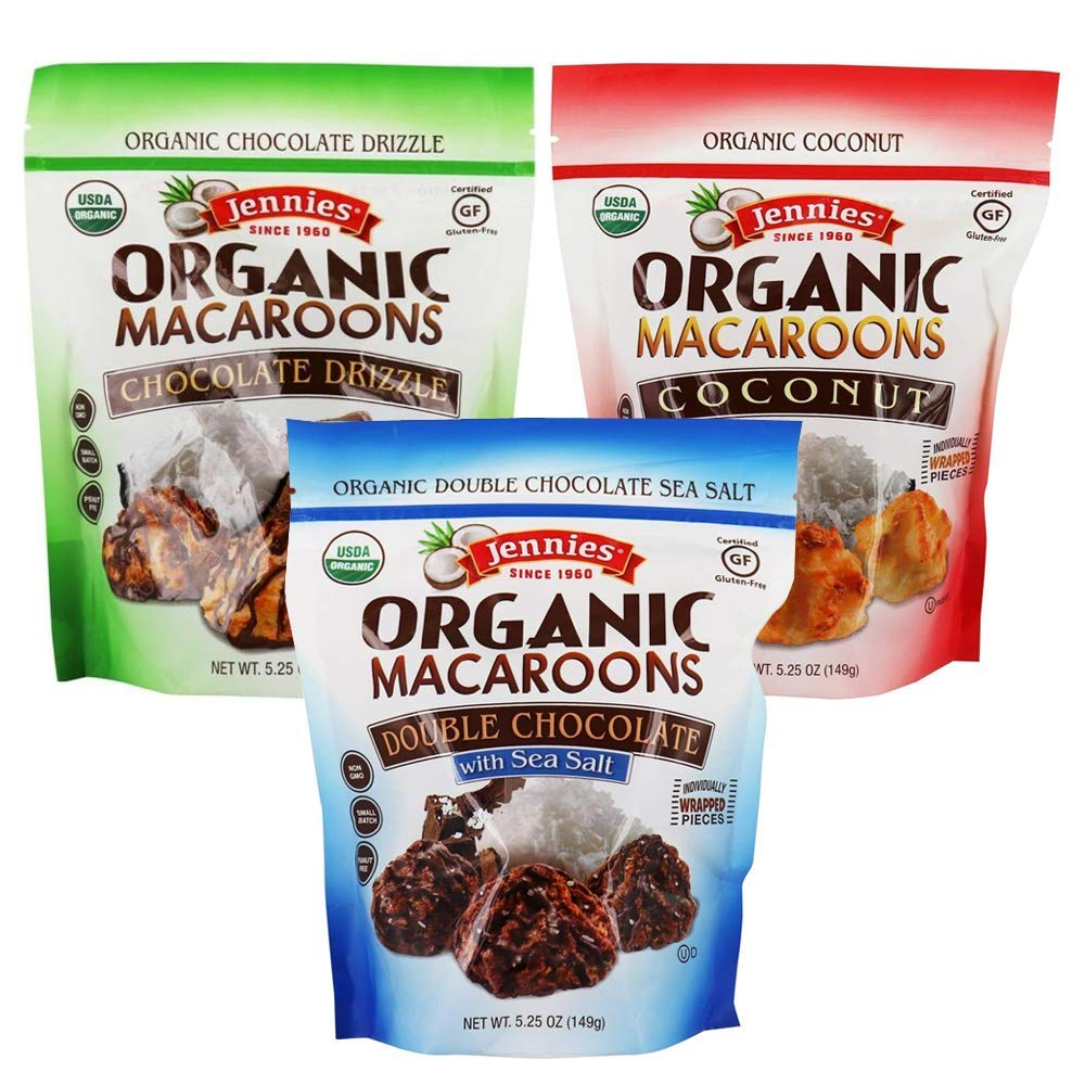 Jennies Organic Coconut Macaroons Variety Pack, 5.25oz | Coconut, Chocolate Drizzle, Double Chocolate Sea Salt | Peanut Free | D