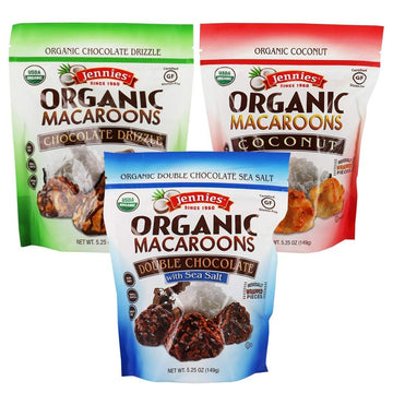 Jennies Organic Coconut Macaroons Variety Pack, 5.25oz | Coconut, Chocolate Drizzle, Double Chocolate Sea Salt | Peanut Free | D