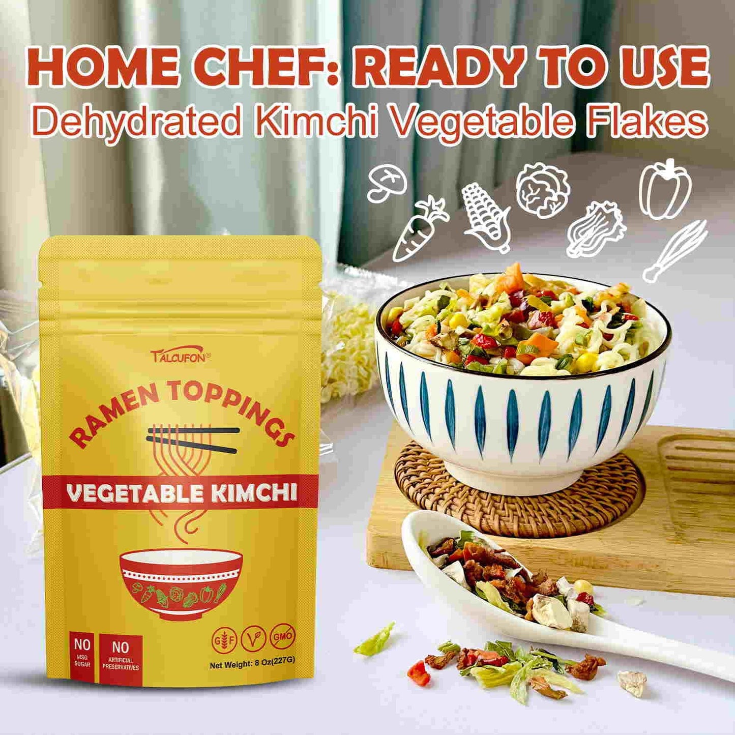 Talcufon Ramen Toppings 8 Oz Dehydrated Dried Kimchi Vegetable Flakes All Natural Vegan Gluten Free Allergen Free Ideal Topping