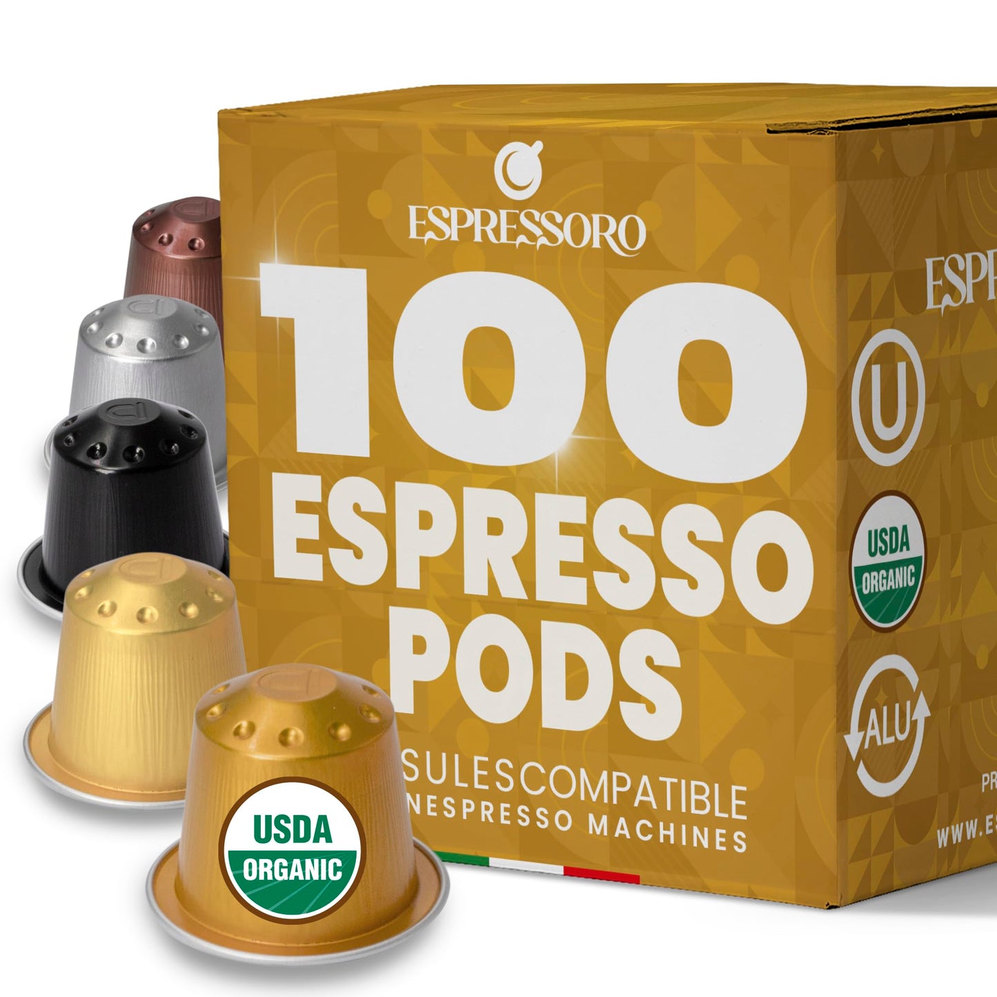 Espressoro Organic Coffee Capsules, 100 Count Variety Pack, Compatible with Espresso Machines, Aluminum Pods