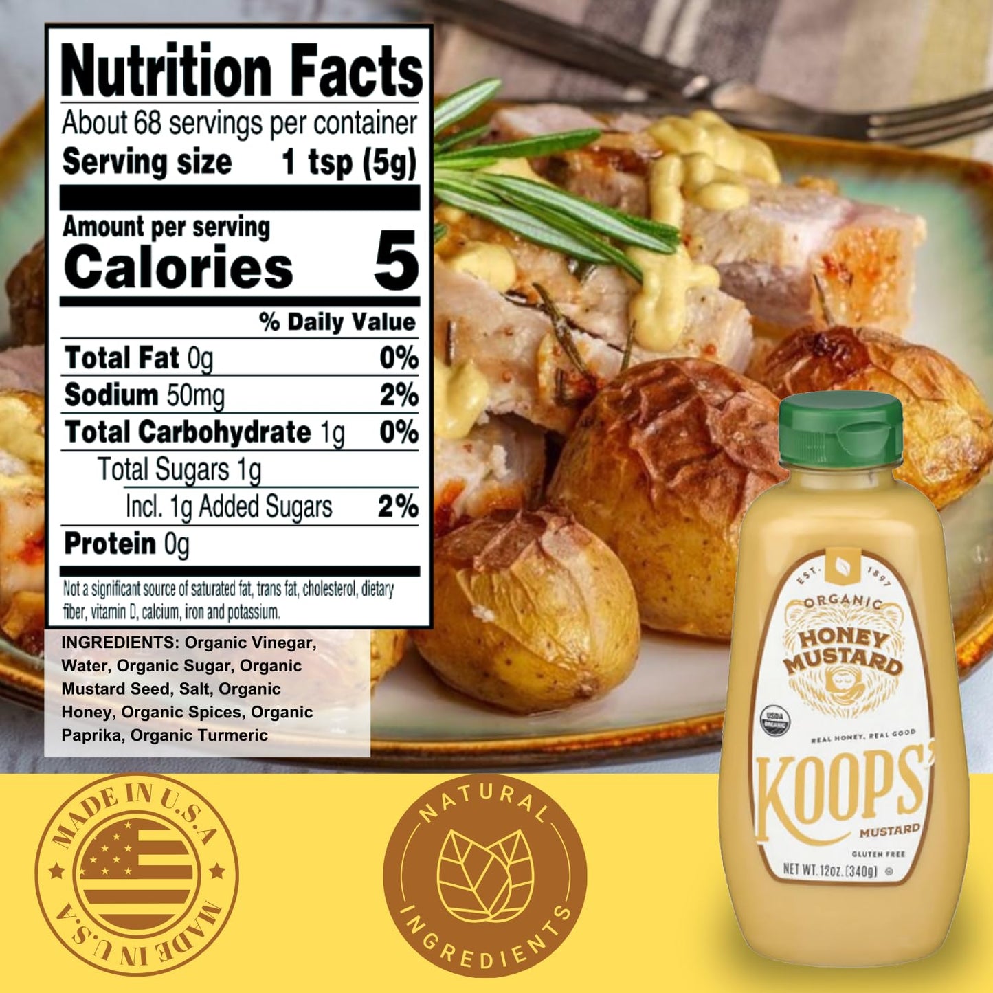 Koops' Organic Honey Mustard - Gourmet Mustard, Gluten-Free, Kosher, Made In Usa, From Quality Mustard Seeds, Honey Mustard Sauc