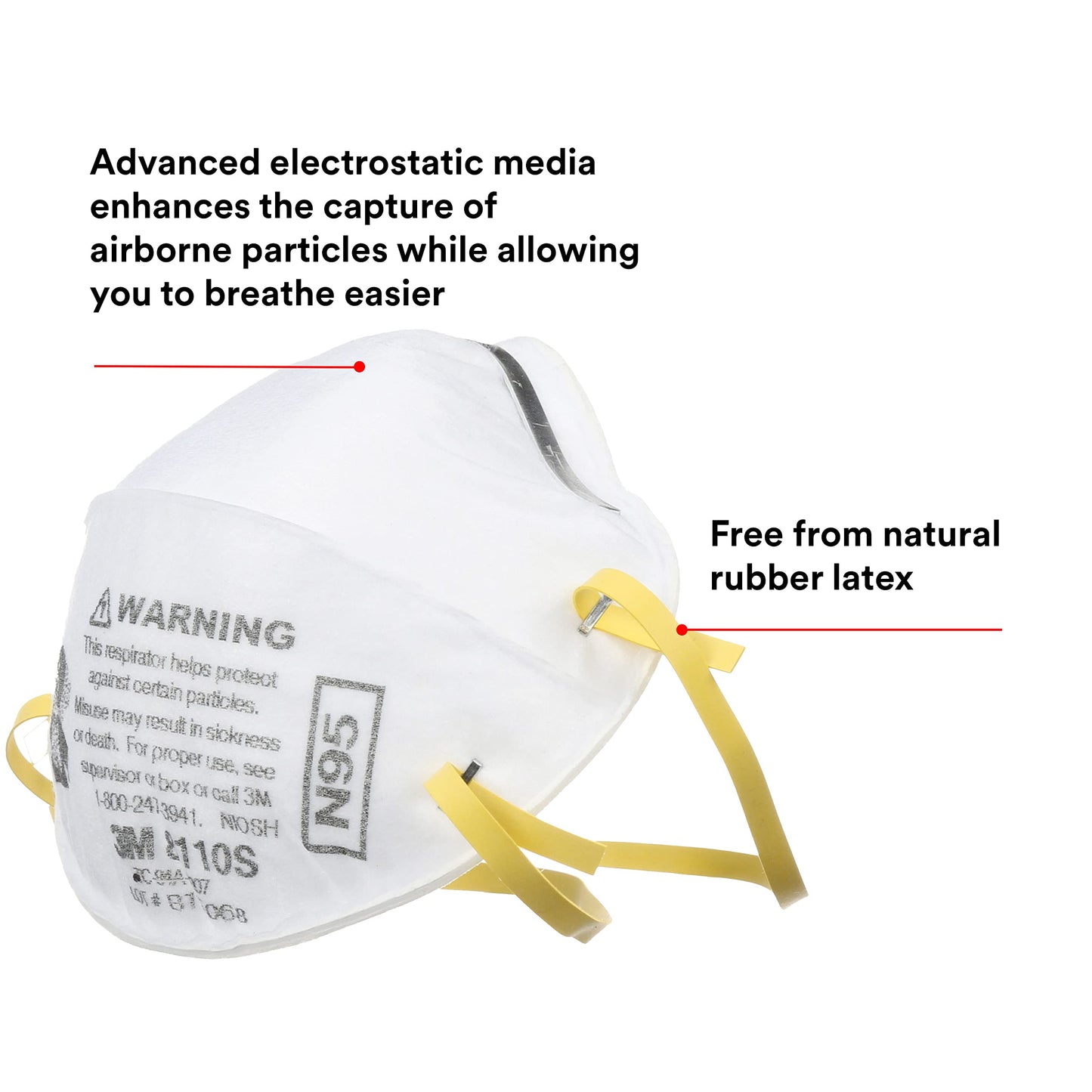 3M Particulate Respirator, 8110S, N95, Unsealed, Smaller Size, Niosh Approved, Adjustable Noseclip, Two Strap Design, Advanced Electrostatic Media, Nosefoam, Disposable, (Pack Of 20)