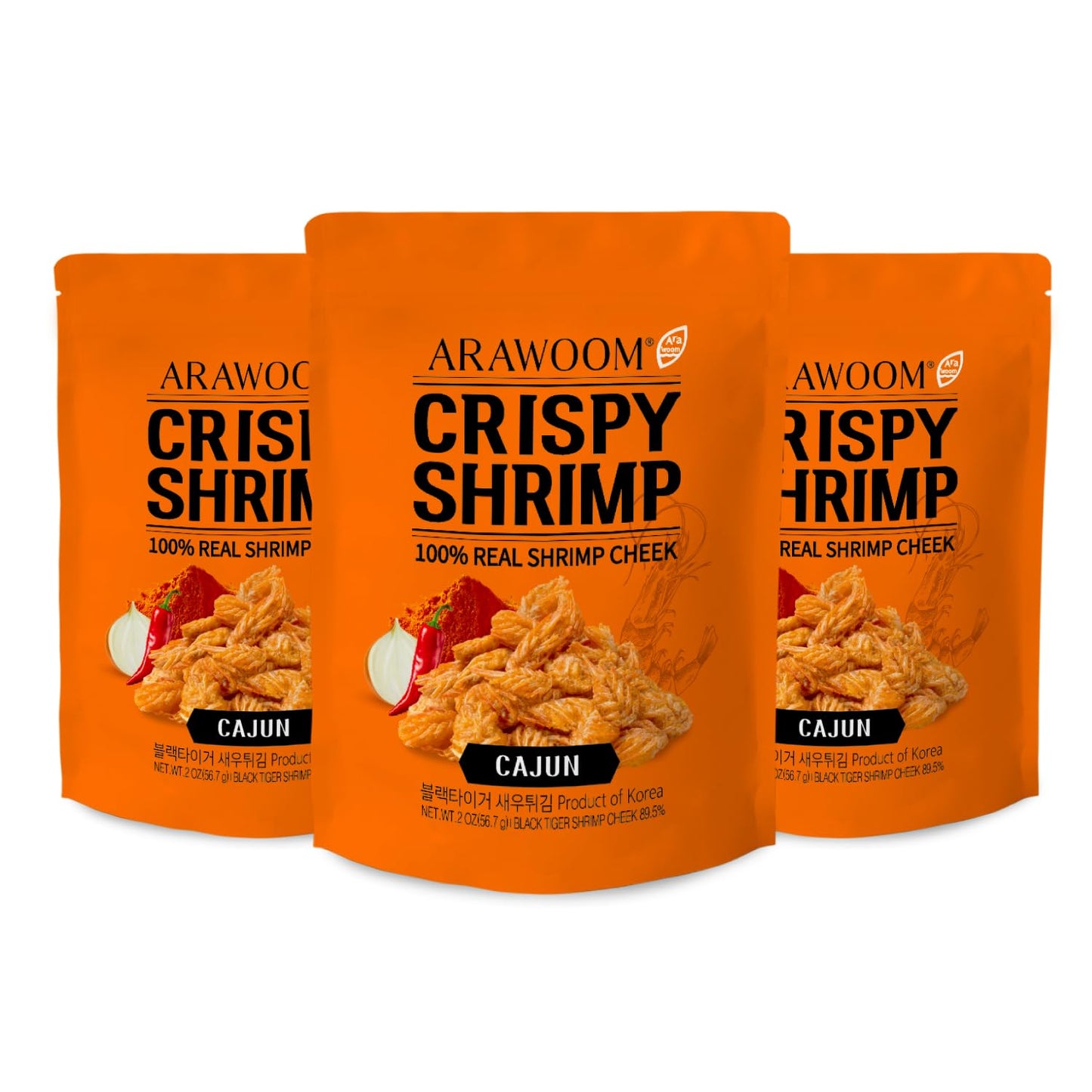 ARAWOOM - Real Crispy Shrimp Cheek Snack - 100% Real Black Tiger Shrimp [2 ounce (Pack of 3)] - Cajun Flavors - Crunchy Treat fo