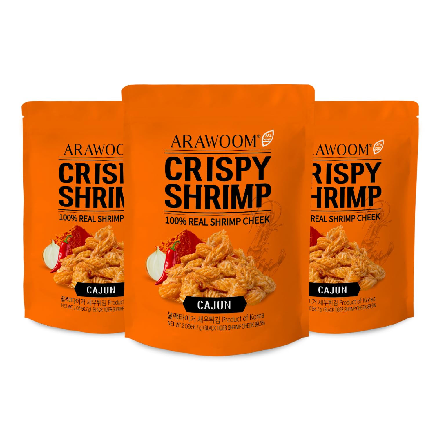 ARAWOOM - Real Crispy Shrimp Cheek Snack - 100% Real Black Tiger Shrimp [2 ounce (Pack of 3)] - Cajun Flavors - Crunchy Treat fo