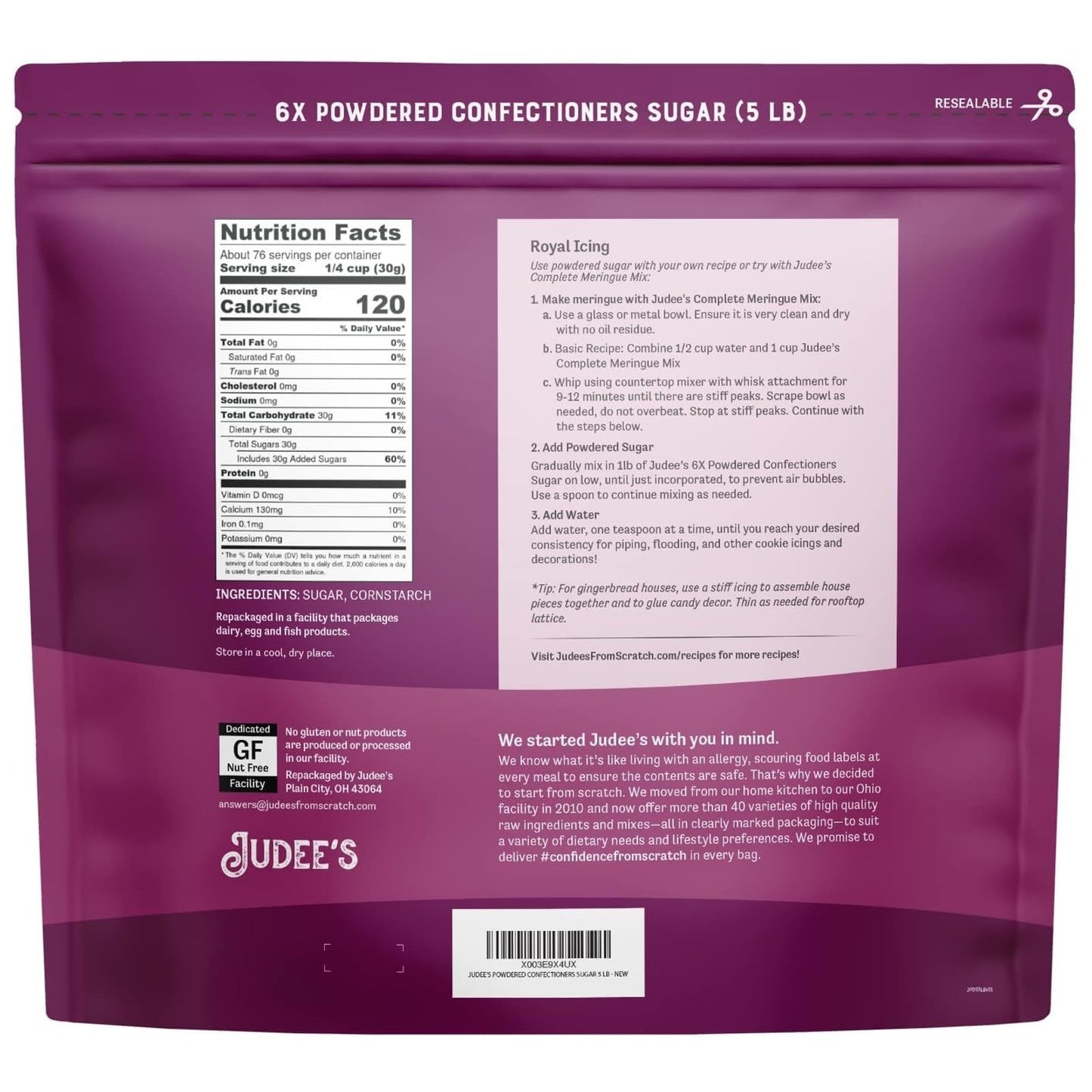 Judees 6X Powdered Confectioners Sugar 5 lb - 100% Non-GMO, Gluten-Free, and Nut-Free - 6X Size Perfect for Icing, Frosting, and