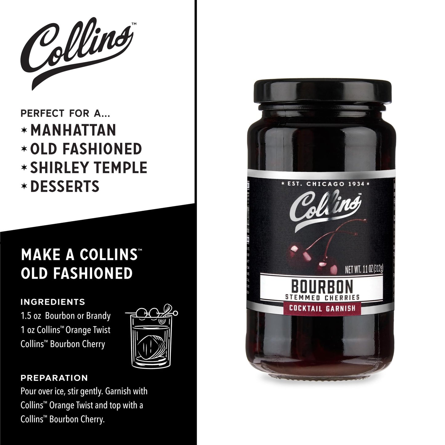 Collins spirit-inspired flavor Cocktail Cherries - Drinks Garnish for Cocktails, 11 Ounce Glass Jar, Black, Model 9044