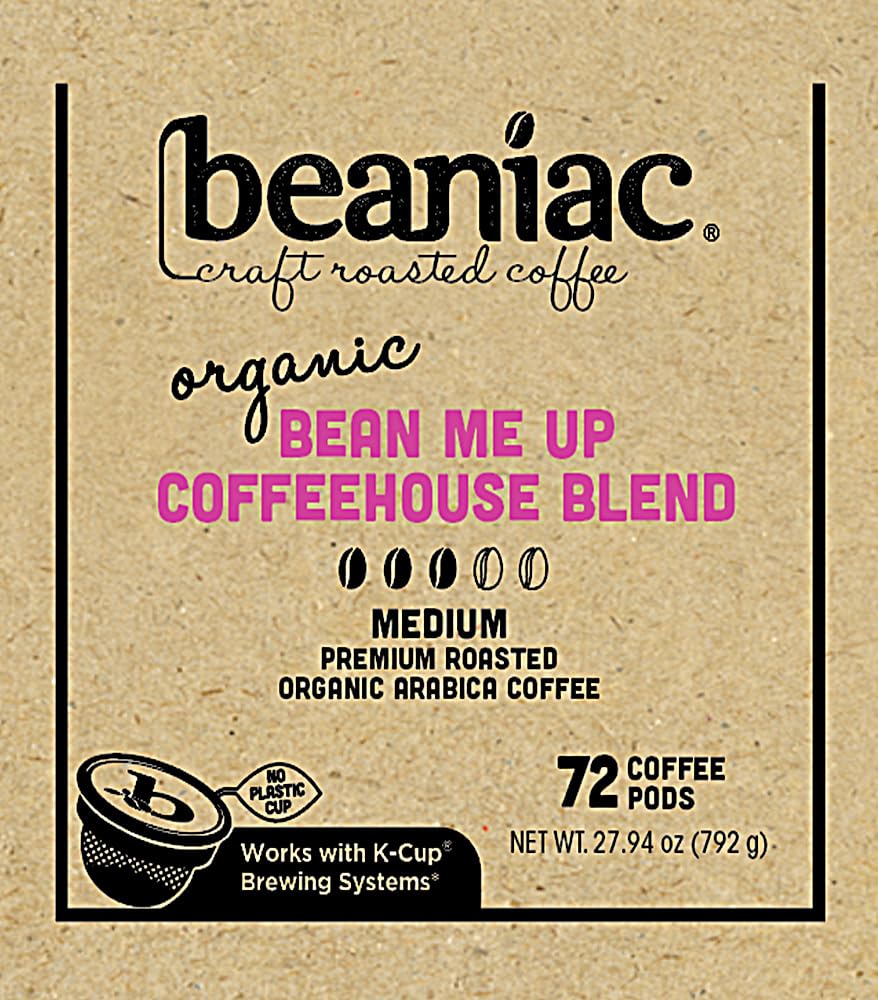 beaniac Organic Bean Me Up Coffeehouse Blend K Cup Pods, Medium Roast, 72 Count, Rainforest Alliance Certified, Compatible with Keurig