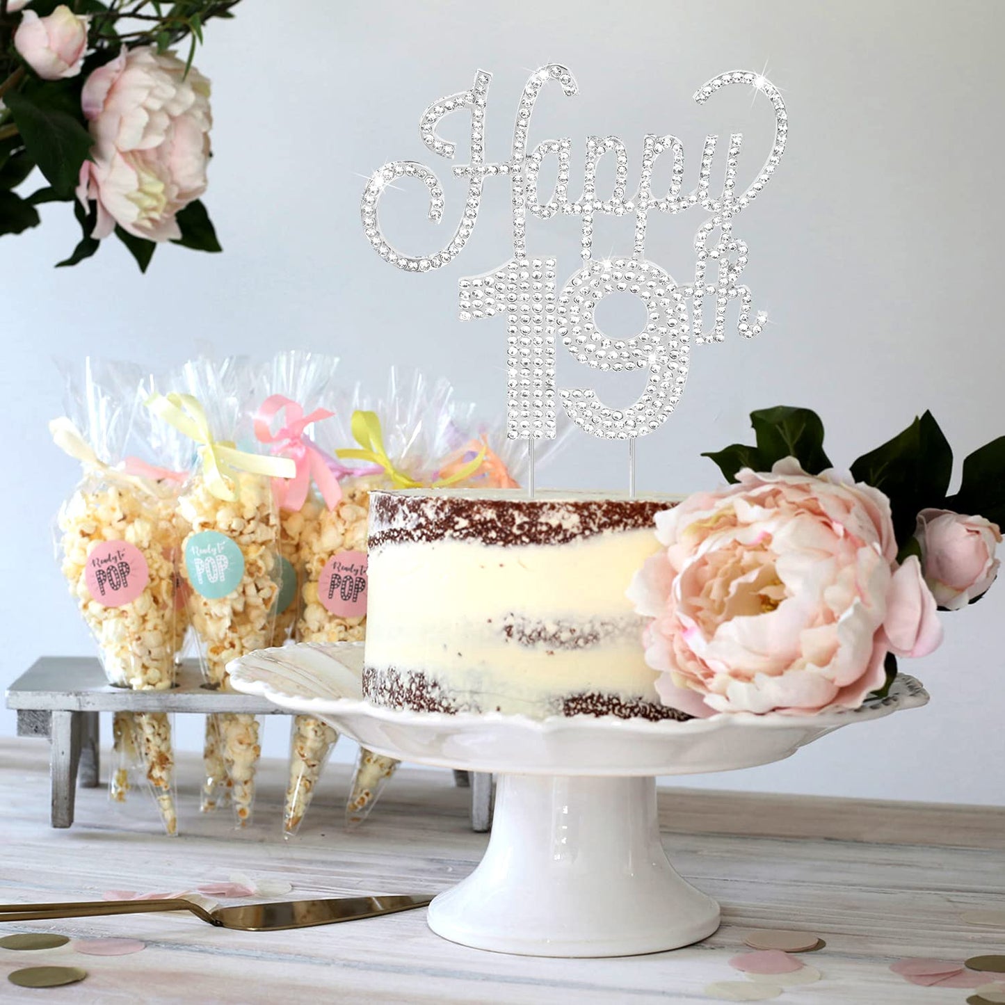 Lingteer Happy 19Th Birthday Silver Rhinestone Cake Topper - Cheers To 19Th Birthday Nineteen Years Old Party Cake Centerpieces