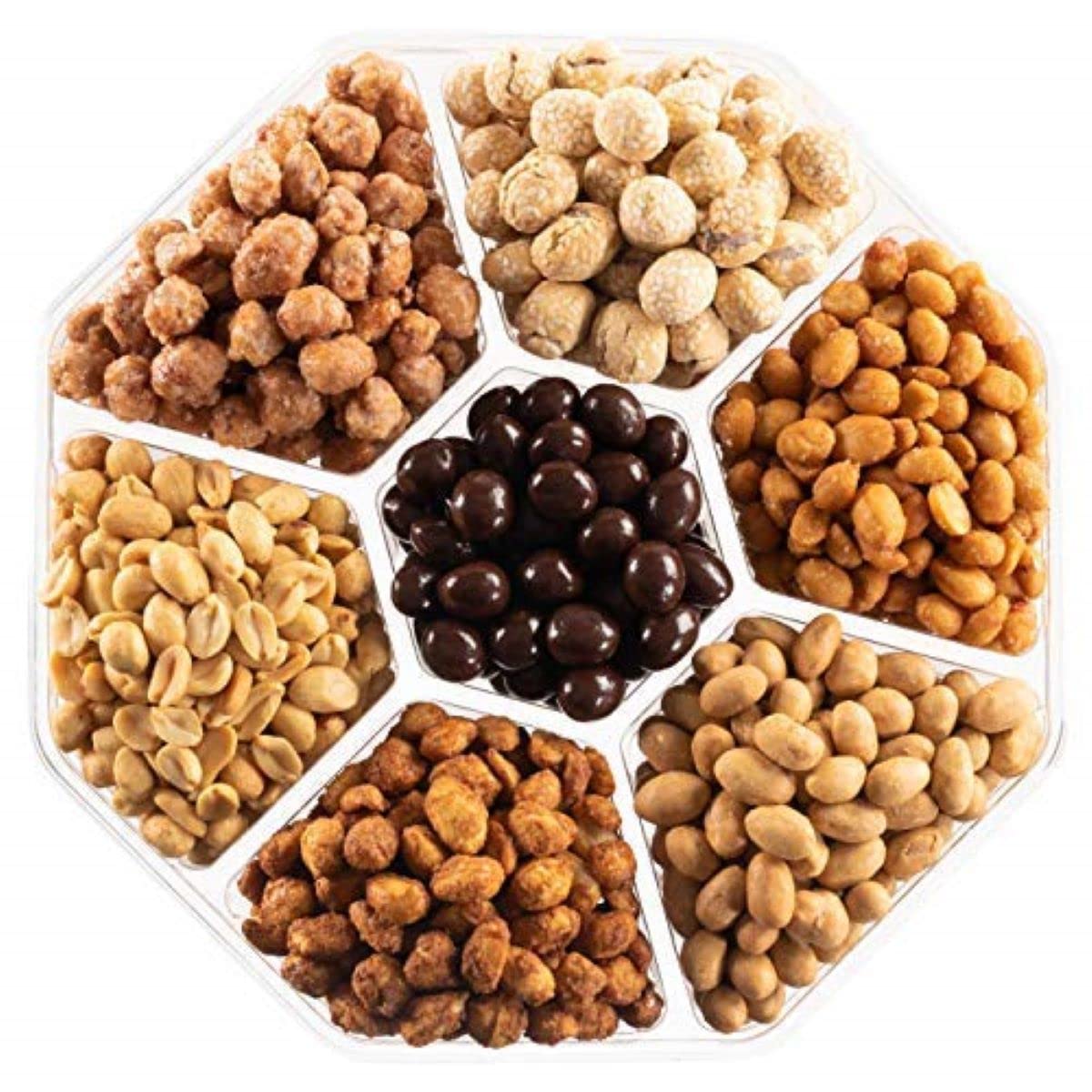 Farm Fresh Nuts Holiday Party Basket - Gourmet Nuts and Chocolate Gift Tray, 20 oz, Assorted Brown, 7 Sections