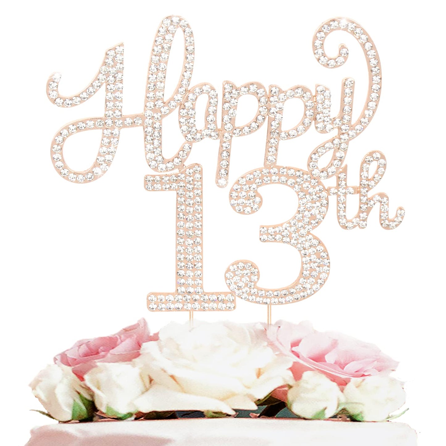 Happy 13Th Birthday Decorations,13Th Birthday Gold Rhinestone Cake Topper - Cheers To Thirteen Years Old Bday Party Metal Sparkl