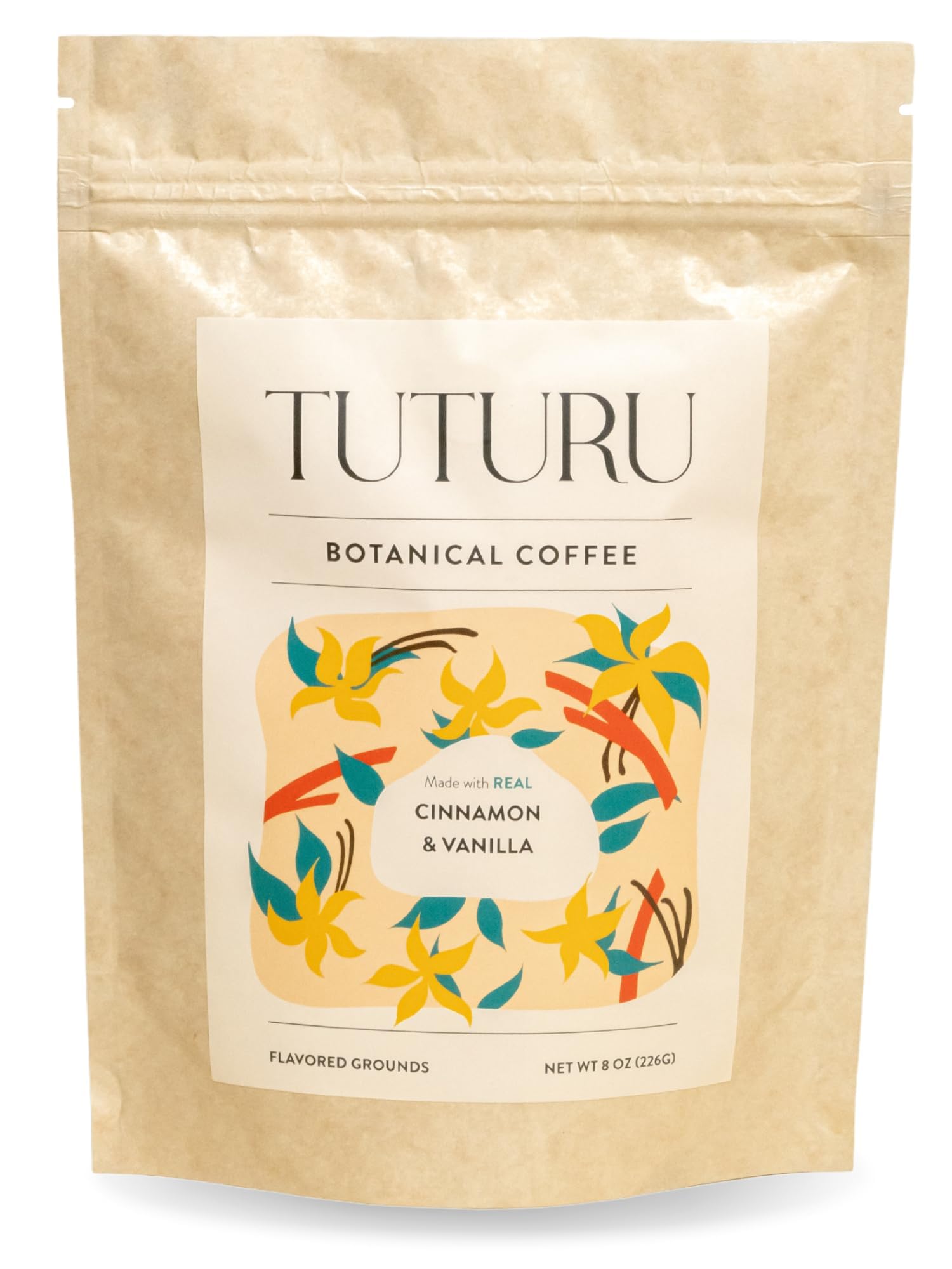 TUTURU Botanical Coffee Organic Cinnamon Vanilla Ground Coffee - Medium Roast, Low Acid - 8 oz, 22 Servings