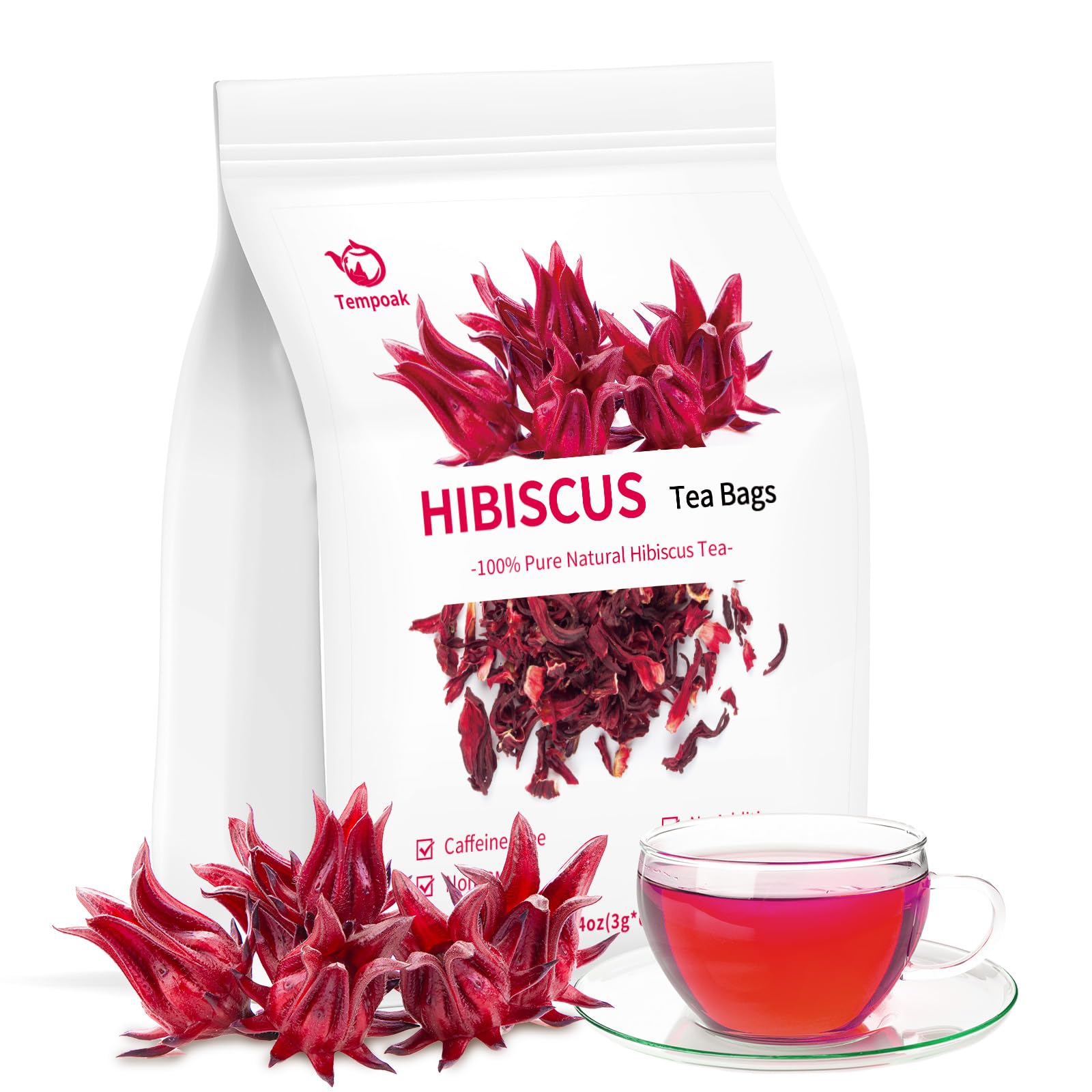 Tempoak Hibiscus Flowers Tea Bags - 60 Bags, Pure & Natural, Herbal, Caffeine-Free, Non-GMO, No Additives, No Sugar, Gluten-Free