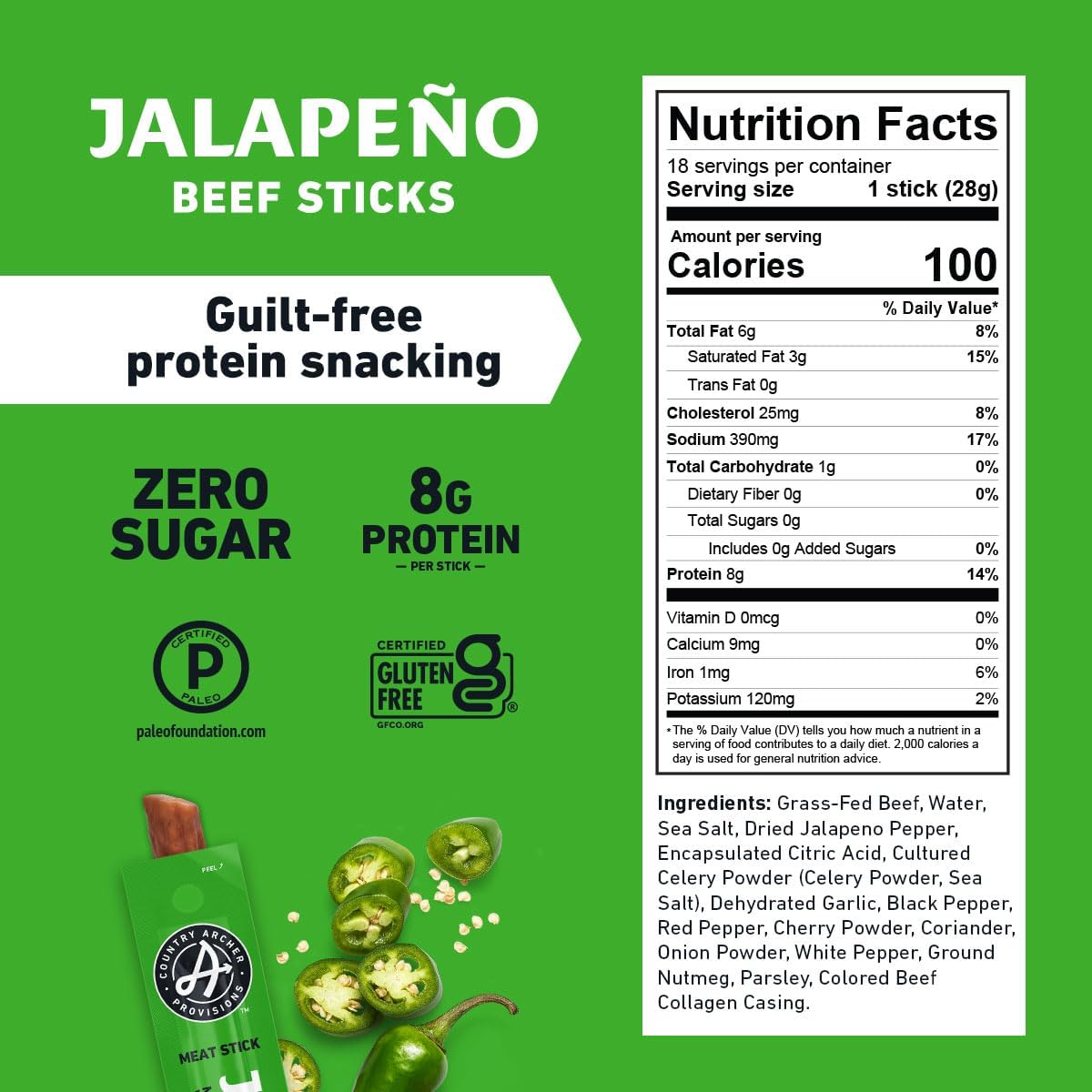 Country Archer Beef Jerky Sticks, Jalapeno, Grass Fed, Gluten Free, Paleo, Keto, 1 oz (Pack of 18)