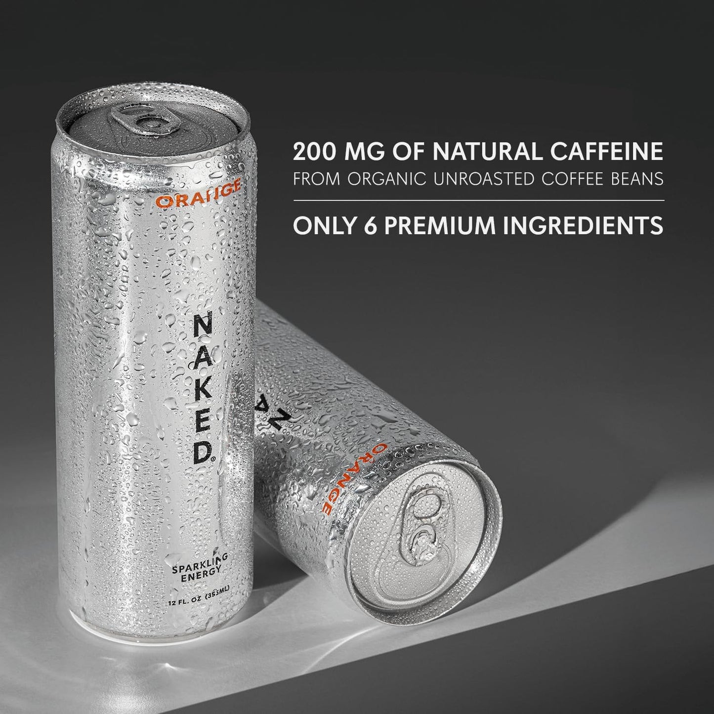 Naked Sparkling Energy Drink - Orange  Organic Caffeine  Organic Lemon Juice  Zero Sugar  No Sucralose  Naturally Sweetened  Natural Energy Drinks  Vegan  Gluten-Free  Non-GMO - 12oz Cans (Pack of 12)