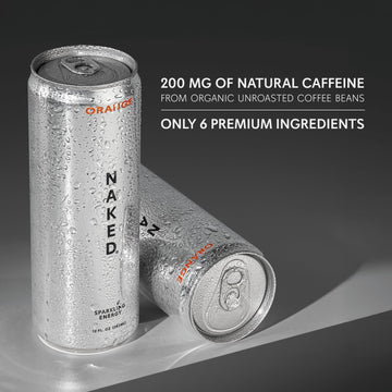 Naked Sparkling Energy Drink - Orange  Organic Caffeine  Organic Lemon Juice  Zero Sugar  No Sucralose  Naturally Sweetened  Natural Energy Drinks  Vegan  Gluten-Free  Non-GMO - 12oz Cans (Pack of 12)