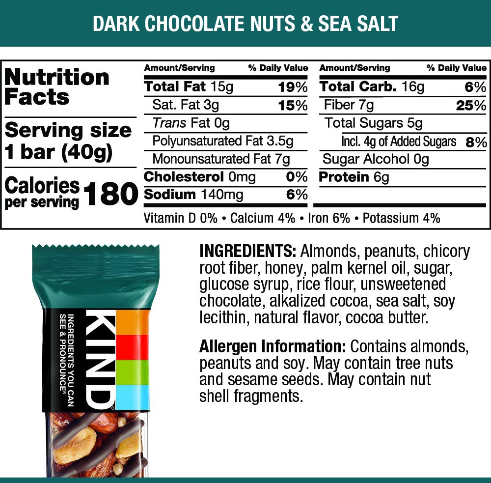 KIND Nut Bars, Dark Chocolate Nuts and Sea Salt, Healthy Snacks, Gluten Free, Low Sugar, 6g Protein, 6 Count
