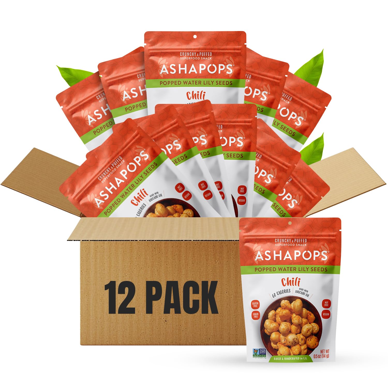 AshaPops Chili Flavored Popped Water Lily Seeds, 0.5 oz (Pack of 12) - Gluten-Free, Vegan, Paleo, Nut-Free, Corn-Free, Soy-Free,