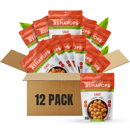 AshaPops Chili Flavored Popped Water Lily Seeds, 0.5 oz (Pack of 12) - Gluten-Free, Vegan, Paleo, Nut-Free, Corn-Free, Soy-Free,