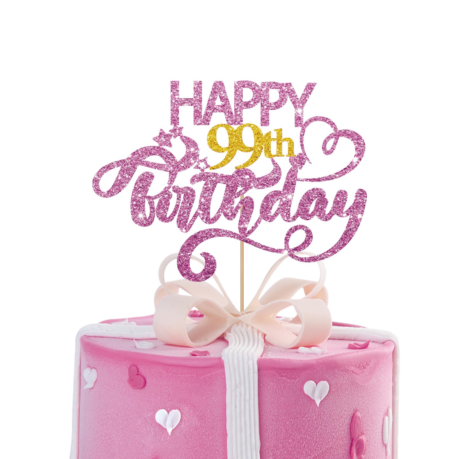 Pink Glitter Happy 99Th Birthday Cake Topper, Ninty Nine Years Old Birthday Party Cake Decor, Gold Number 99 Birthday Party Supp
