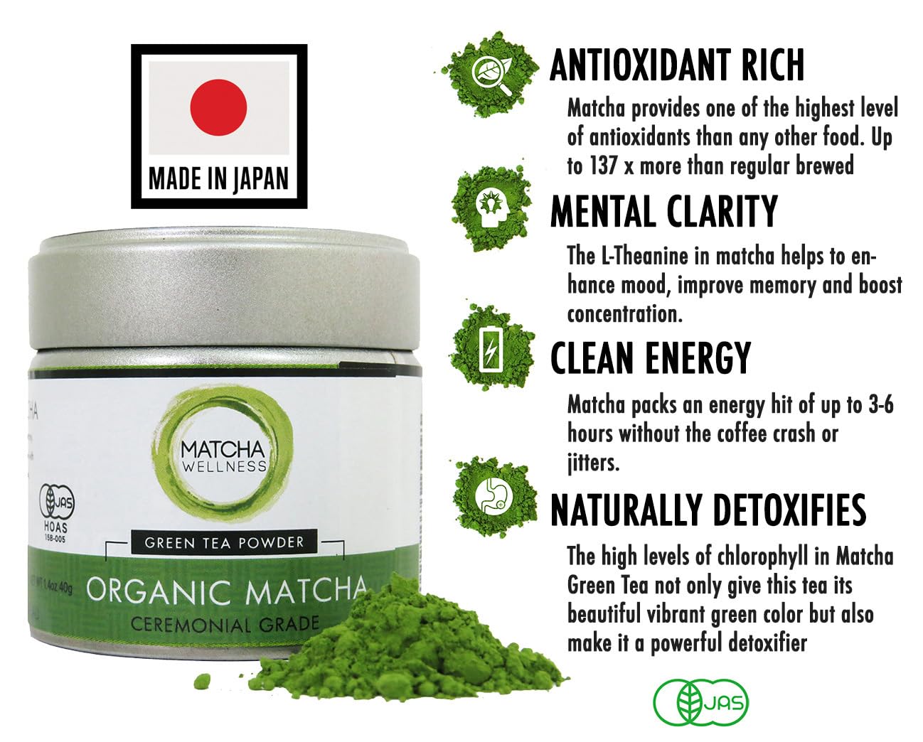eco heed Matcha Green Tea Powder Organic Ceremonial Grade 1.4oz - 1st Harvest enhanced Matcha From Uji - Matcha Wellness