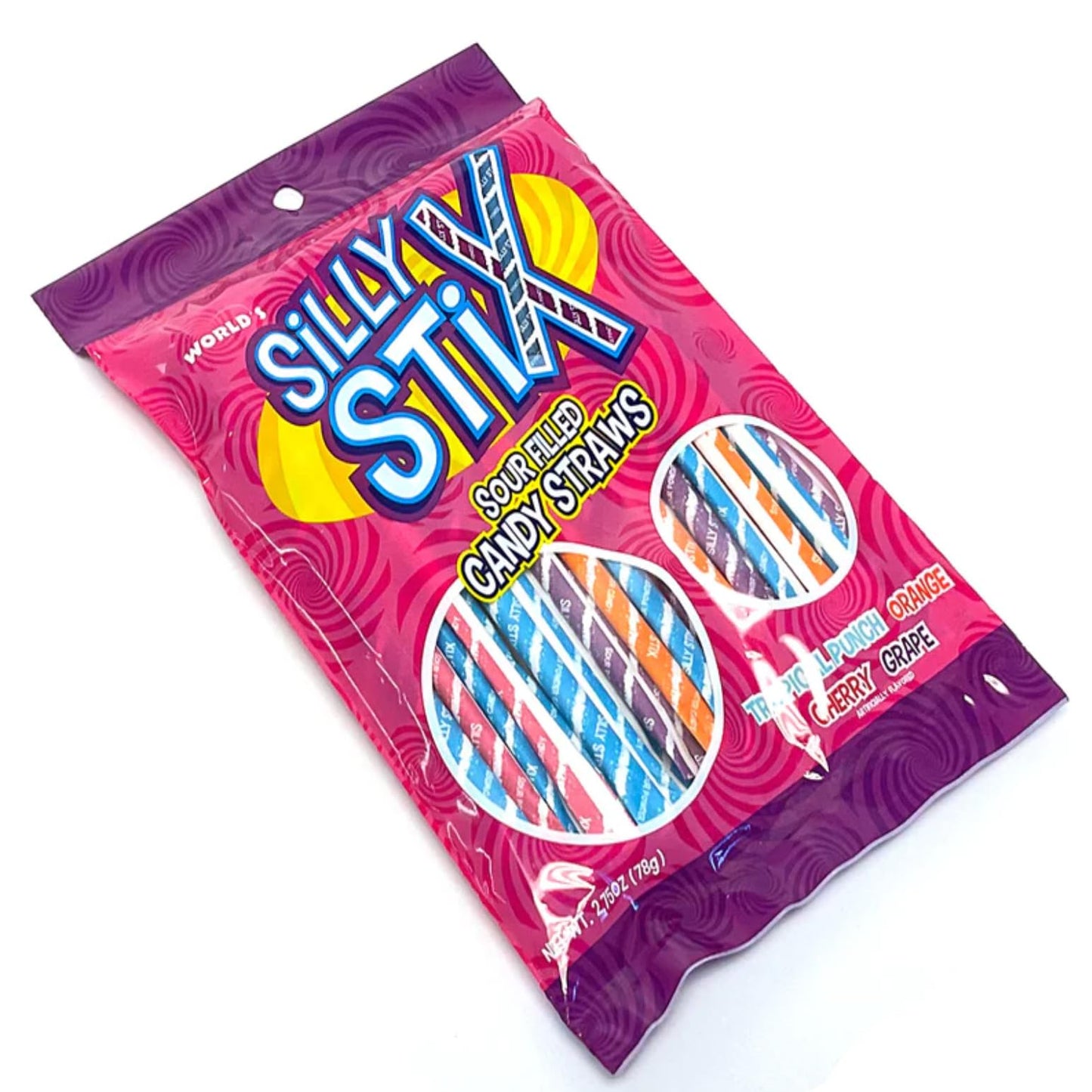 Silly Stix Sour Filled Candy Straws - 2.75 oz Bag - Pack of 2 - Variety of Flavors - Tropical Punch, Orange, Cherry, and Grape -