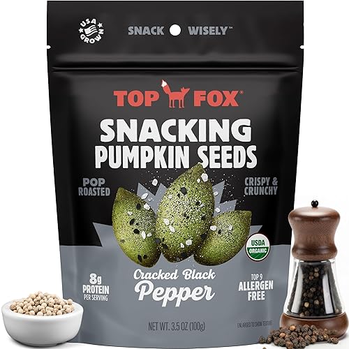 Top Fox Snacks - Organic Pop-Roasted Pumpkin Seeds | Healthy Protein Snacks - Gluten Free - Keto And Vegan Friendly (Salt & Pepper, 3.5 Oz - 6 Pack)