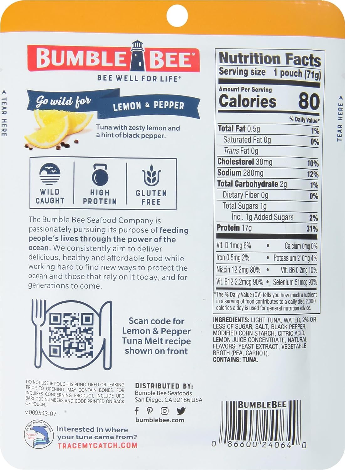Bumble Bee Lemon & Pepper Seasoned Tuna, 2.5 Ounce Pouch (Pack of 4)