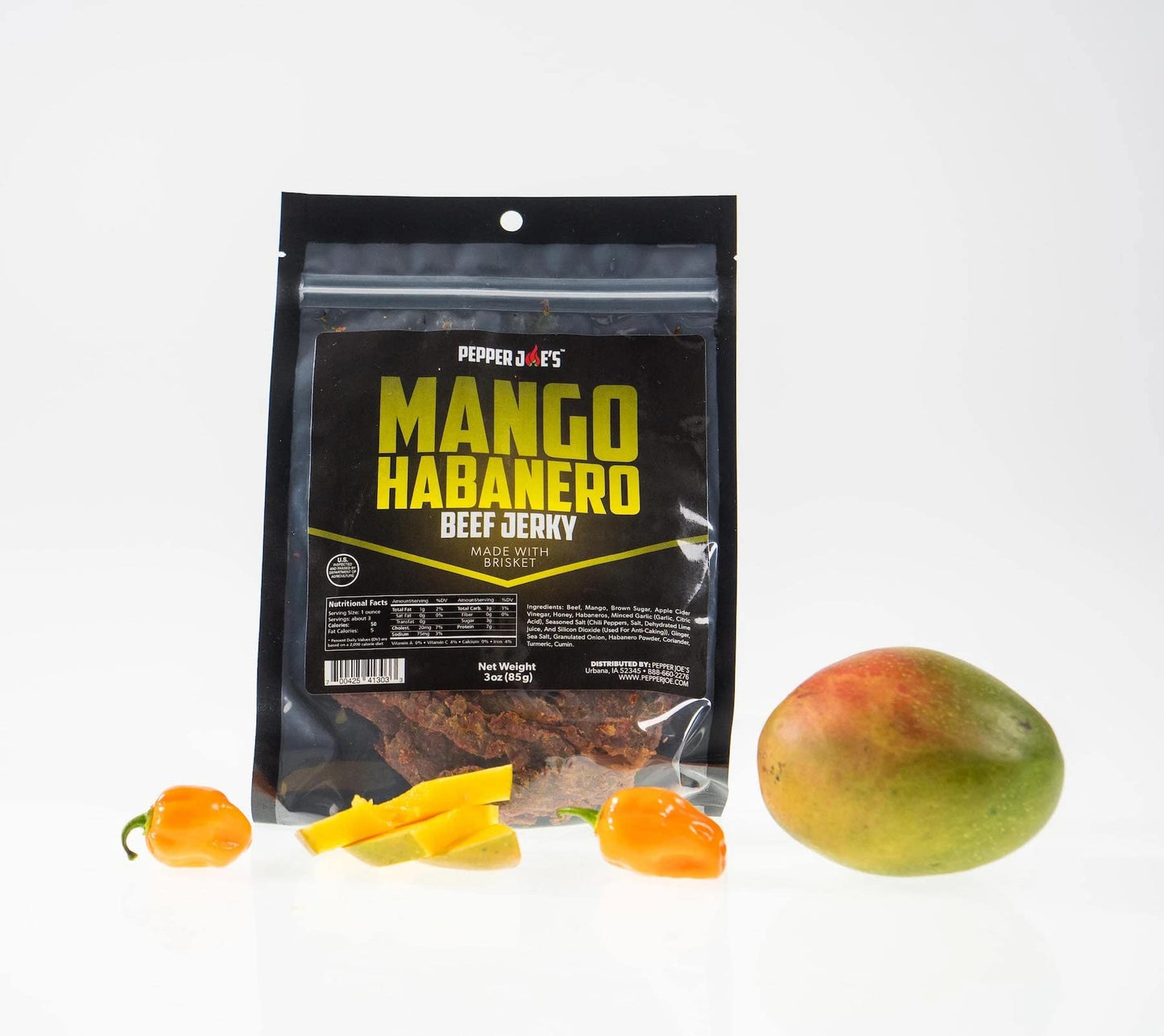 Pepper Joes Mango Habanero Beef Jerky - Premium Beef Jerky Brisket Cuts Covered With Spicy Habanero Peppers, Mango, Lime, Honey,