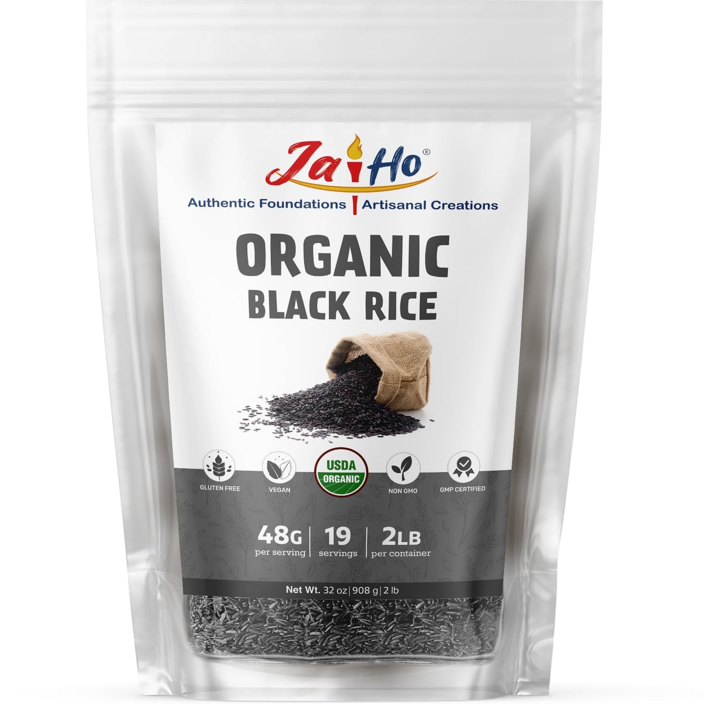 Jai Ho Certified USDA Organic Black Rice, Gluten Free, Vegan, Non-GMO, 2 LB Resealable Zip Lock Pouch