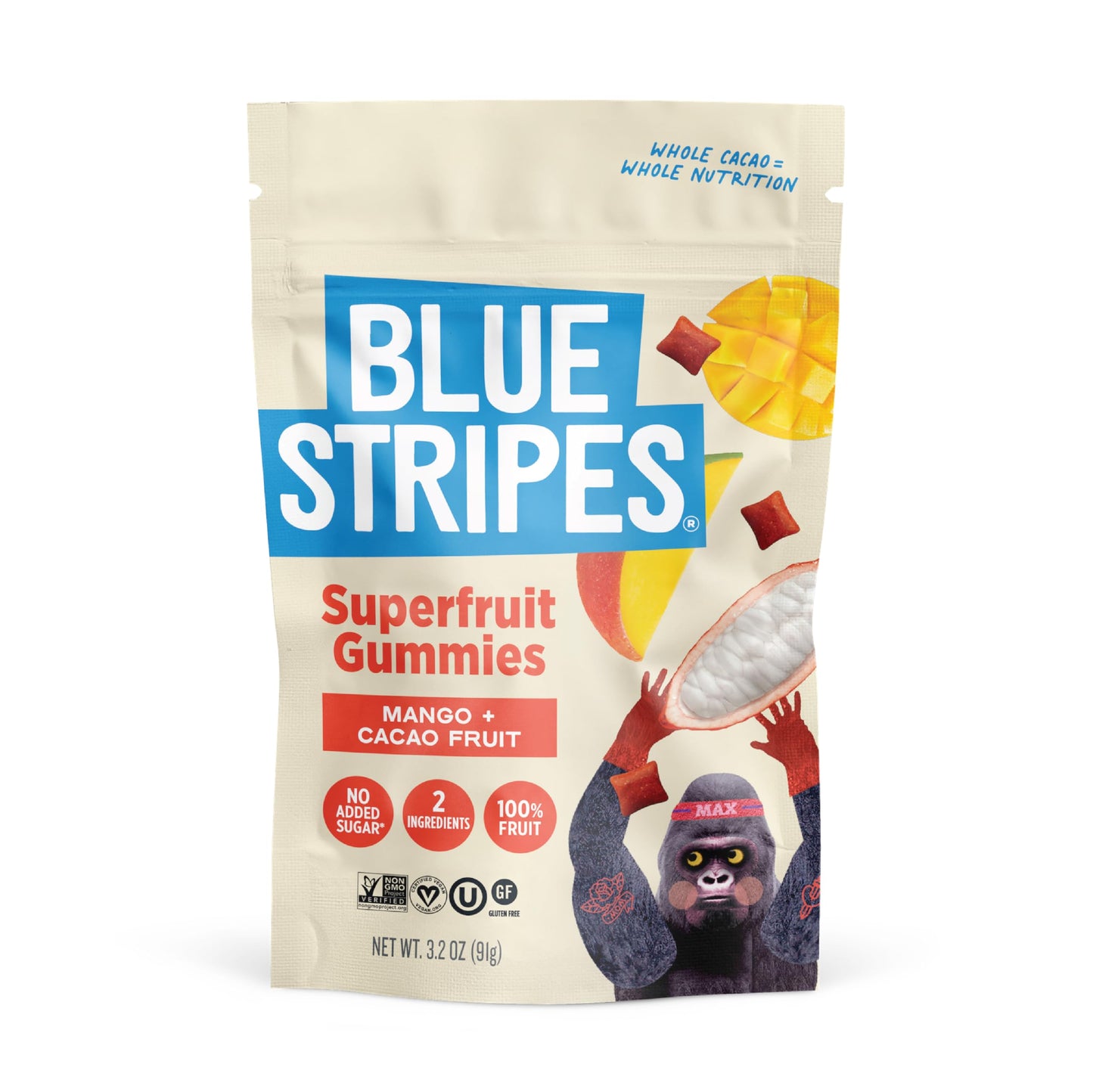 Blue Stripes Cacao Superfruit Gummies - Vegan Chewy Fruity Snack  No Sugar Added 100% Fruit Gummy  9 Essential Vitamins & Minerals  Natural Tropical Superfood - Mango & Cacao  3.2oz