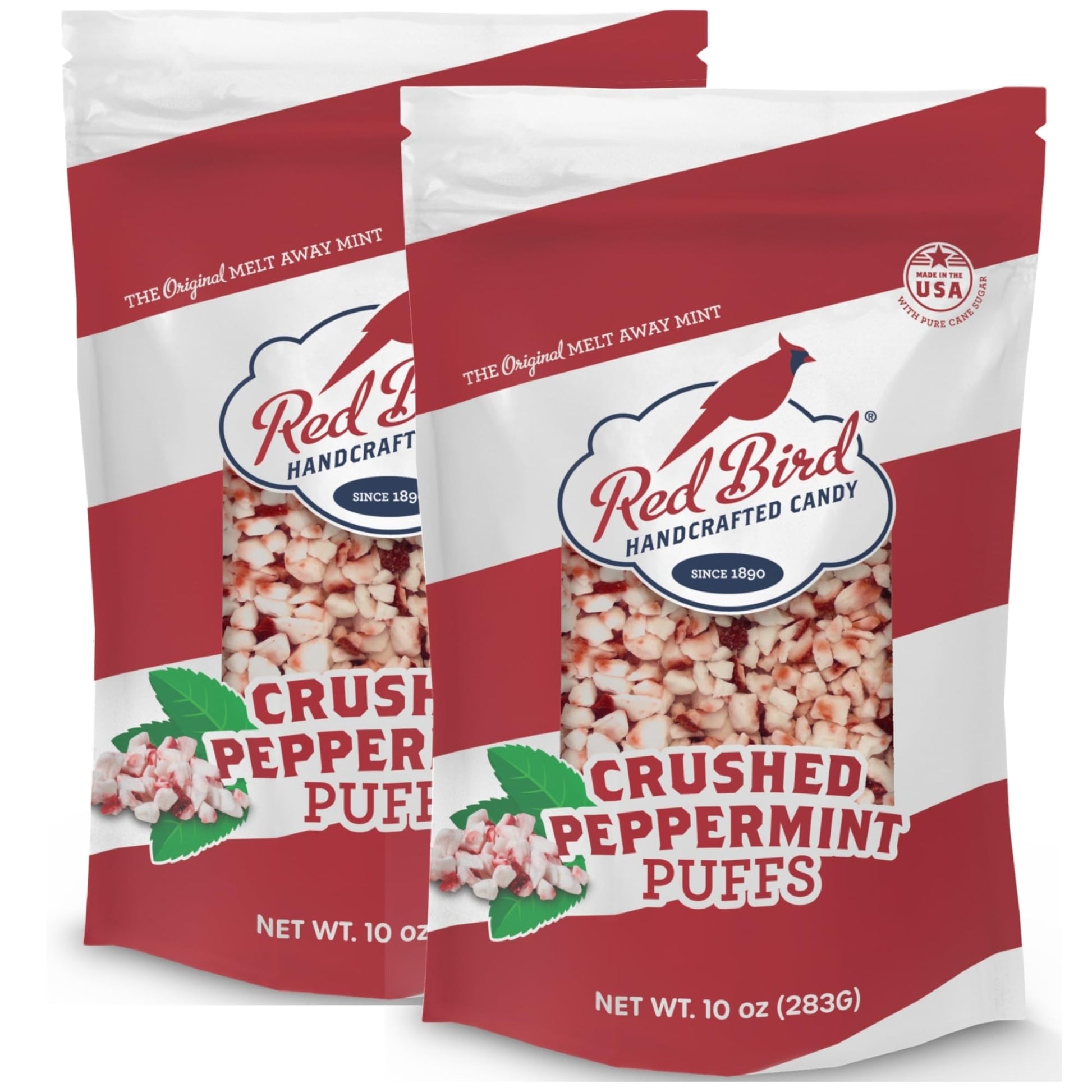 Red Bird Crushed Peppermint Puffs  No High-Fructose Corn Syrup  Soft Crushed Peppermint Candy Topping For Baking  Ice Cream & Drinks  2Pk 10 Oz Bag
