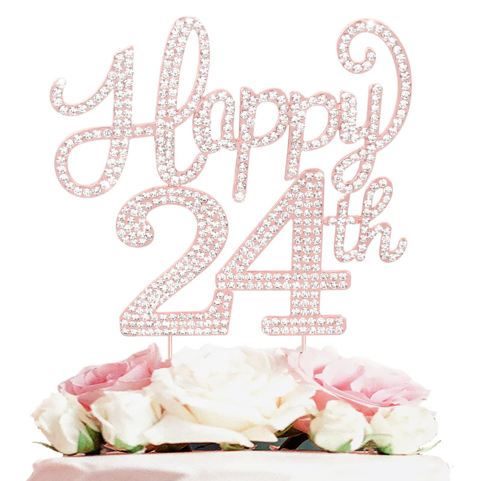 Laskyer 24Th Birthday Party Decorations,Happy 24Th Rose Gold Rhinestone Cake Topper Centerpieces - Cheers To 24 Years Old Bday A