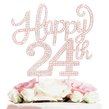 Laskyer 24Th Birthday Party Decorations,Happy 24Th Rose Gold Rhinestone Cake Topper Centerpieces - Cheers To 24 Years Old Bday A