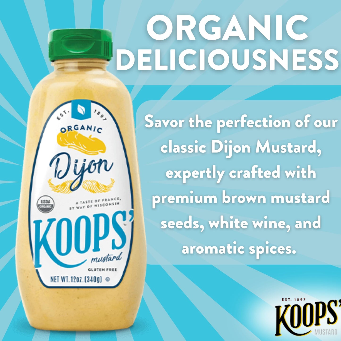 Koops' Organic Dijon Mustard – Dijon Seasoning, Gluten-Free, Kosher, Non-Gmo, Usda Certified Organic Mustard Sauce, Made In The Usa, From Quality Mustard Seeds – 12 Oz, Pack Of 1