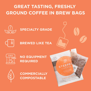 Steeped Coffee Tea Bags - Single Serve Coffee Pouches - Eco-Friendly, Hand Roasted & Freshly Ground - Brewed In Minutes, Just Ad