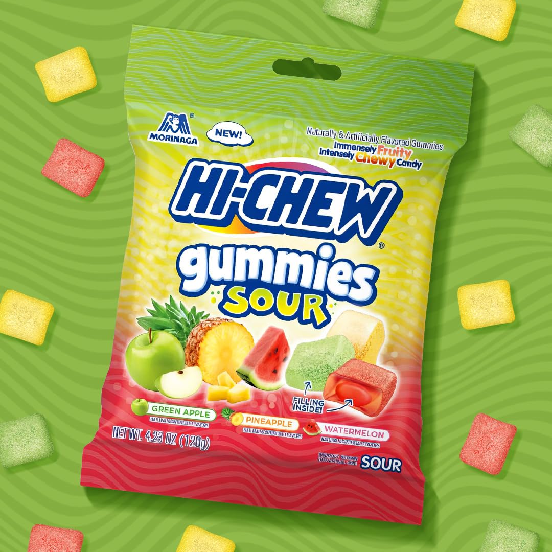 Hi-Chew Gummies Sour Candy Bag Of 9, 4.23 Oz Each, Green Apple Pineapple Watermelon Gummy Candy, Unique Fun Soft & Chewy, Immens